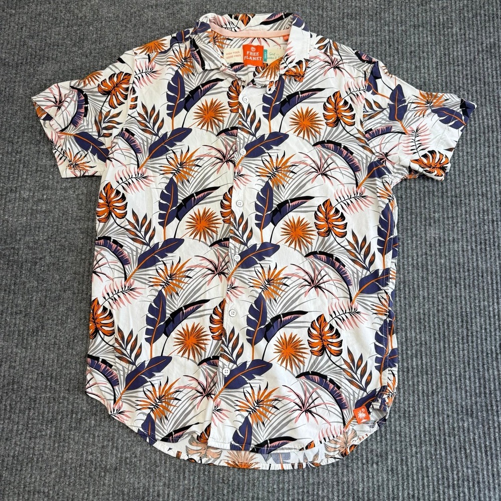 Tropical Leaf Shirt Mens S Orange Poplin Button Up Resort Aloha Free Planet